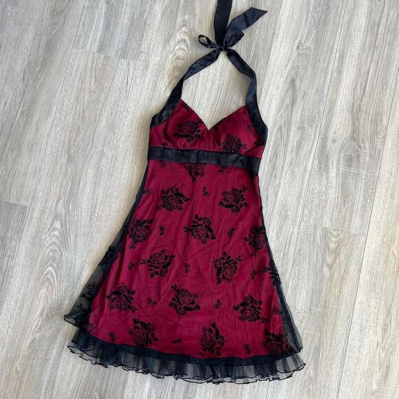 Y2K Red & Black Glitter Rose Sheer Applique Halter Dress Mall Goth Emo Vampire - Picture 1 of 8